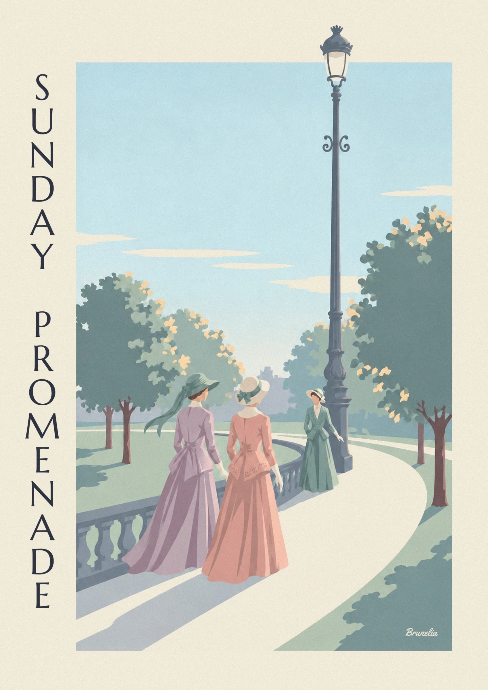 The 2 ladies in long mauve and pink dresses and hats beside the park balustrade