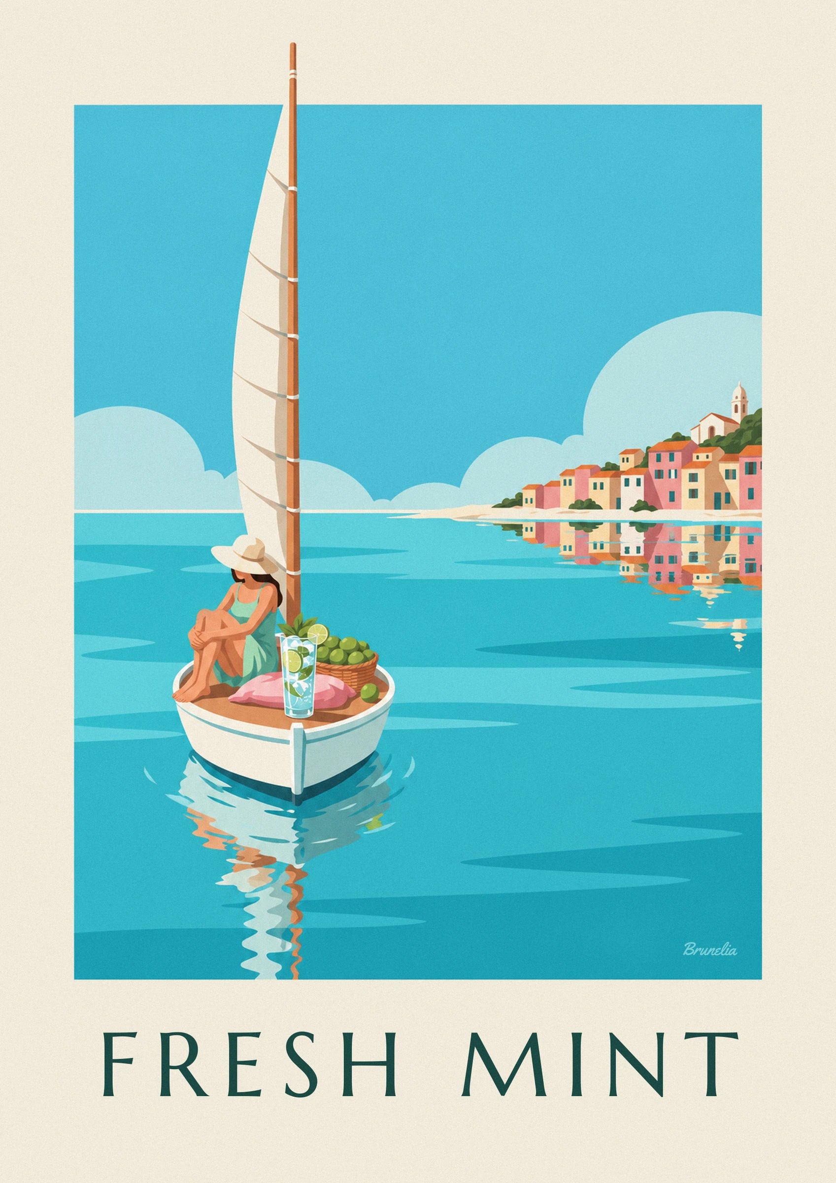 Woman in a straw hat on deck, with her mojito and a basket of limes