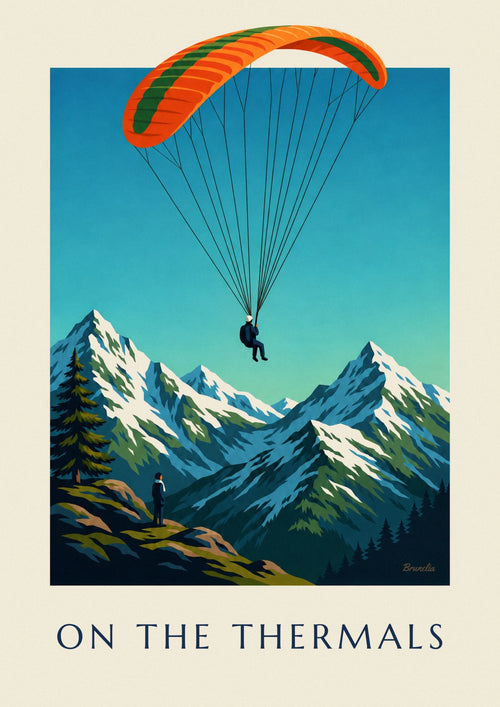Affiche parapentiste au-dessus des sommets enneigés : l'affiche entière