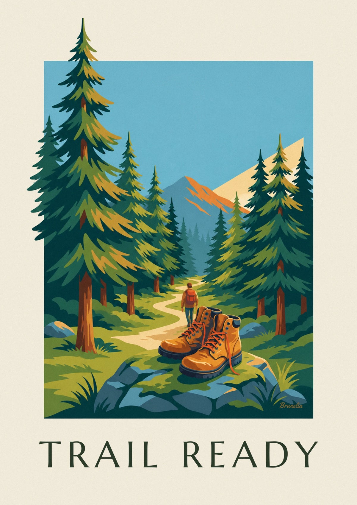 Hiking boots on a mountain forest trail poster