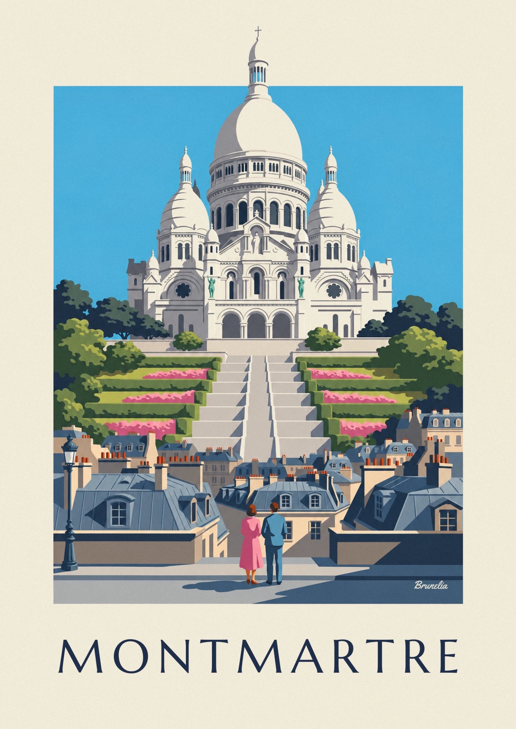 The ivory domes of Sacré-Cœur and its green statues against a blue sky