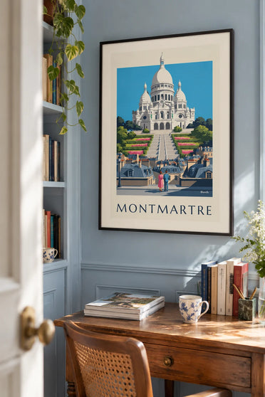 Affiche Sacré-Cœur sur la butte Montmartre et toits de Paris : encadrée au mur