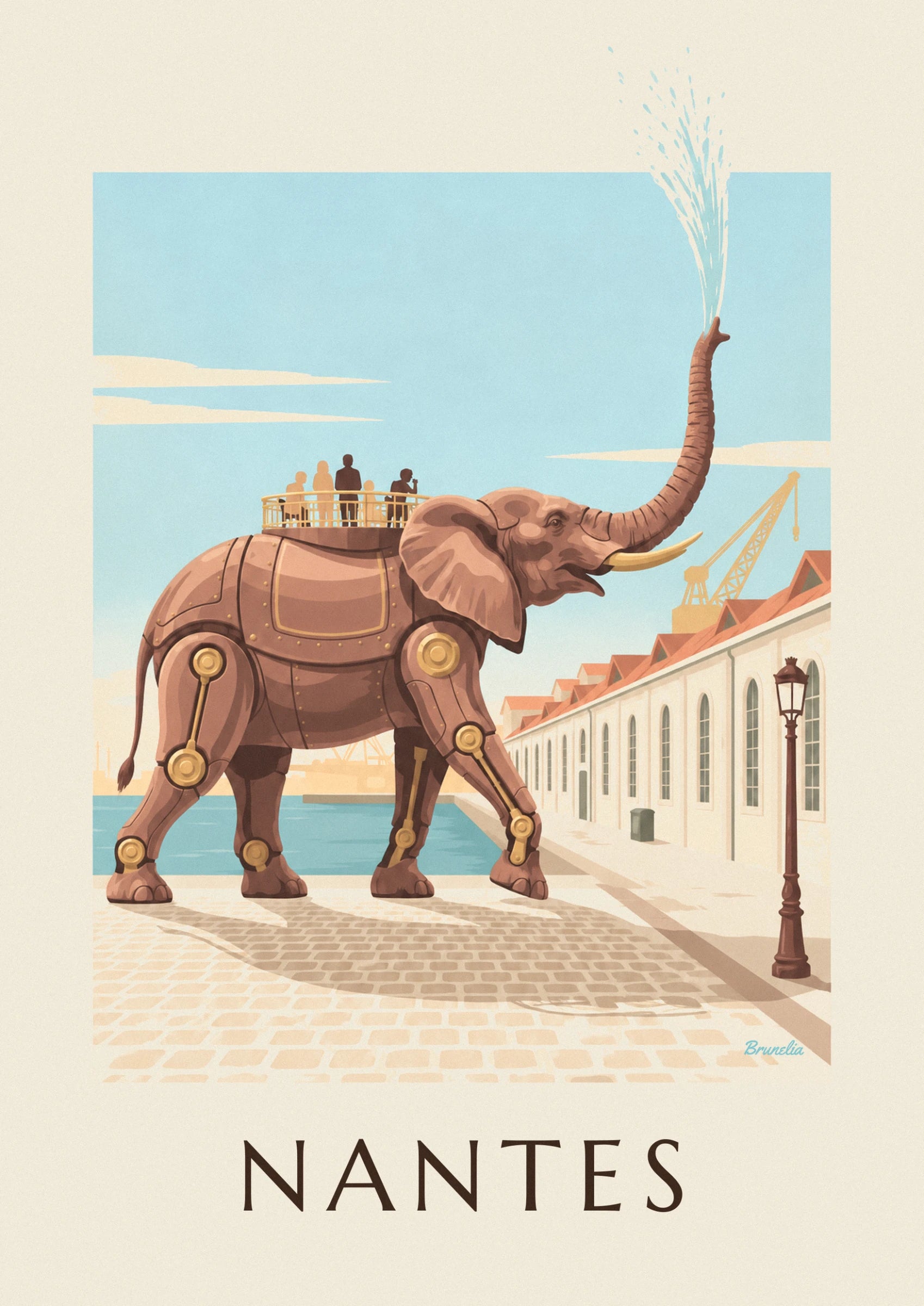 La tête du grand éléphant mécanique, sa trompe levée et ses défenses dorées