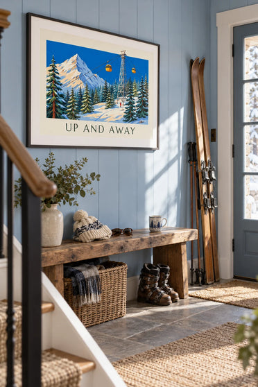 Yellow gondola lifts above snowy fir trees poster: framed on the wall