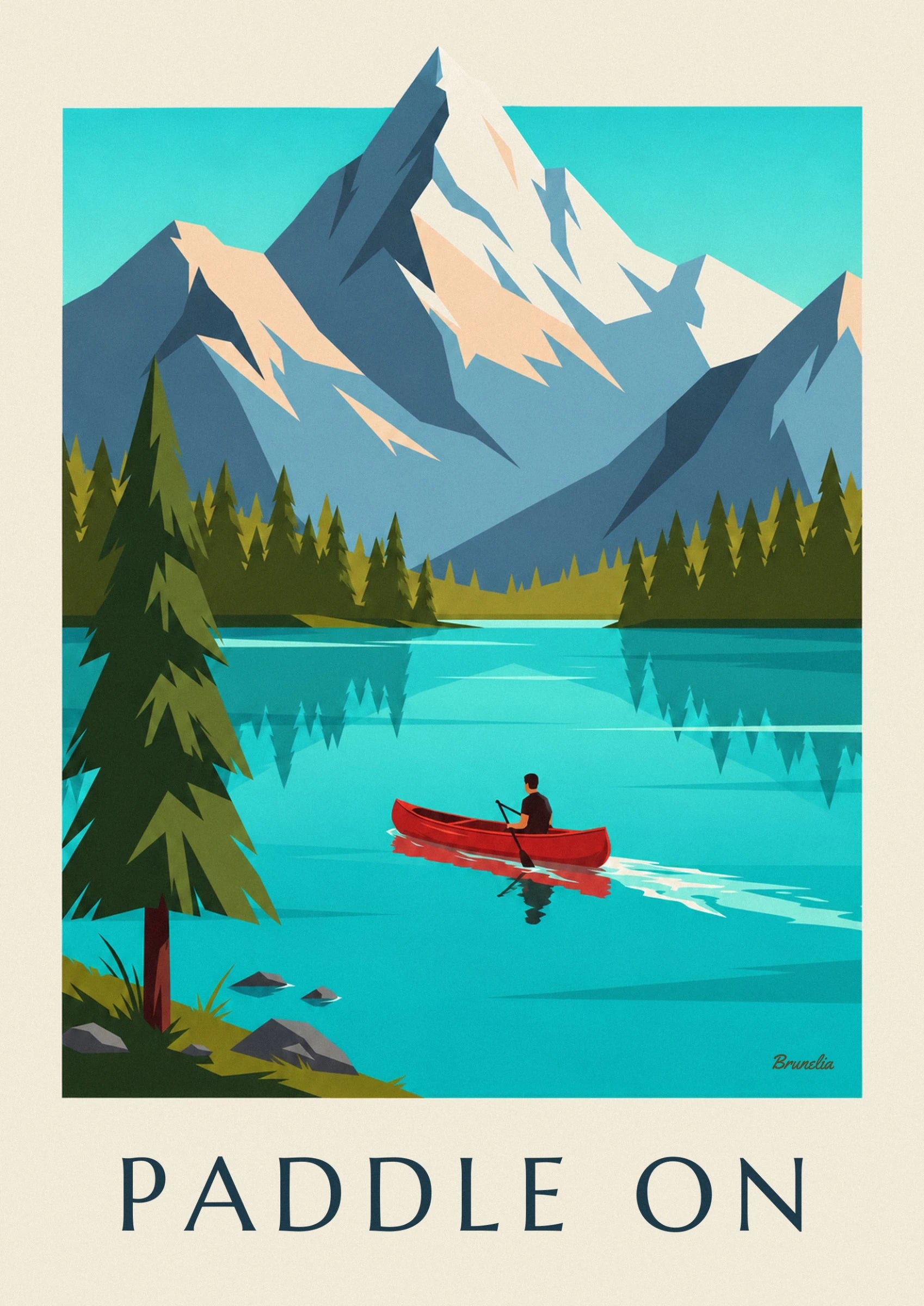 A paddler in a black T-shirt in a red canoe on the turquoise lake