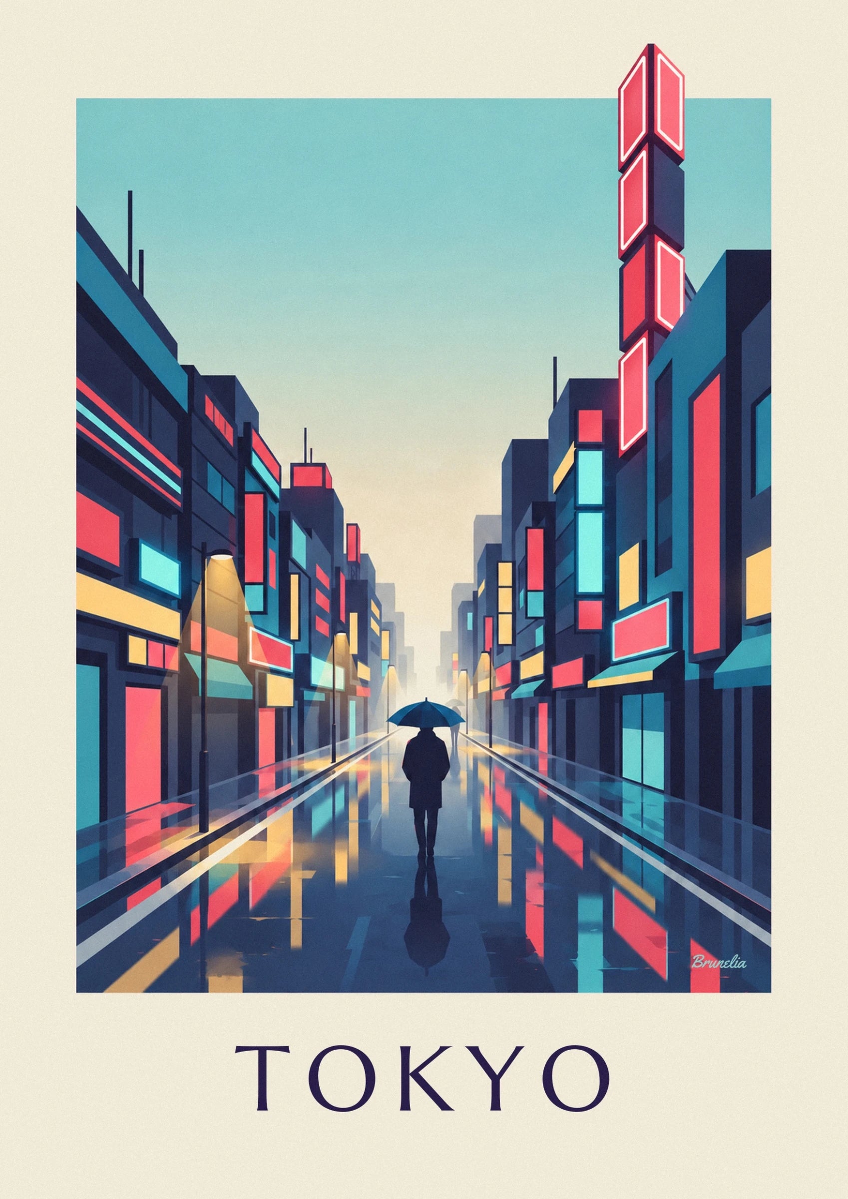 A figure beneath a blue umbrella in the middle of the street filled with bright reflections