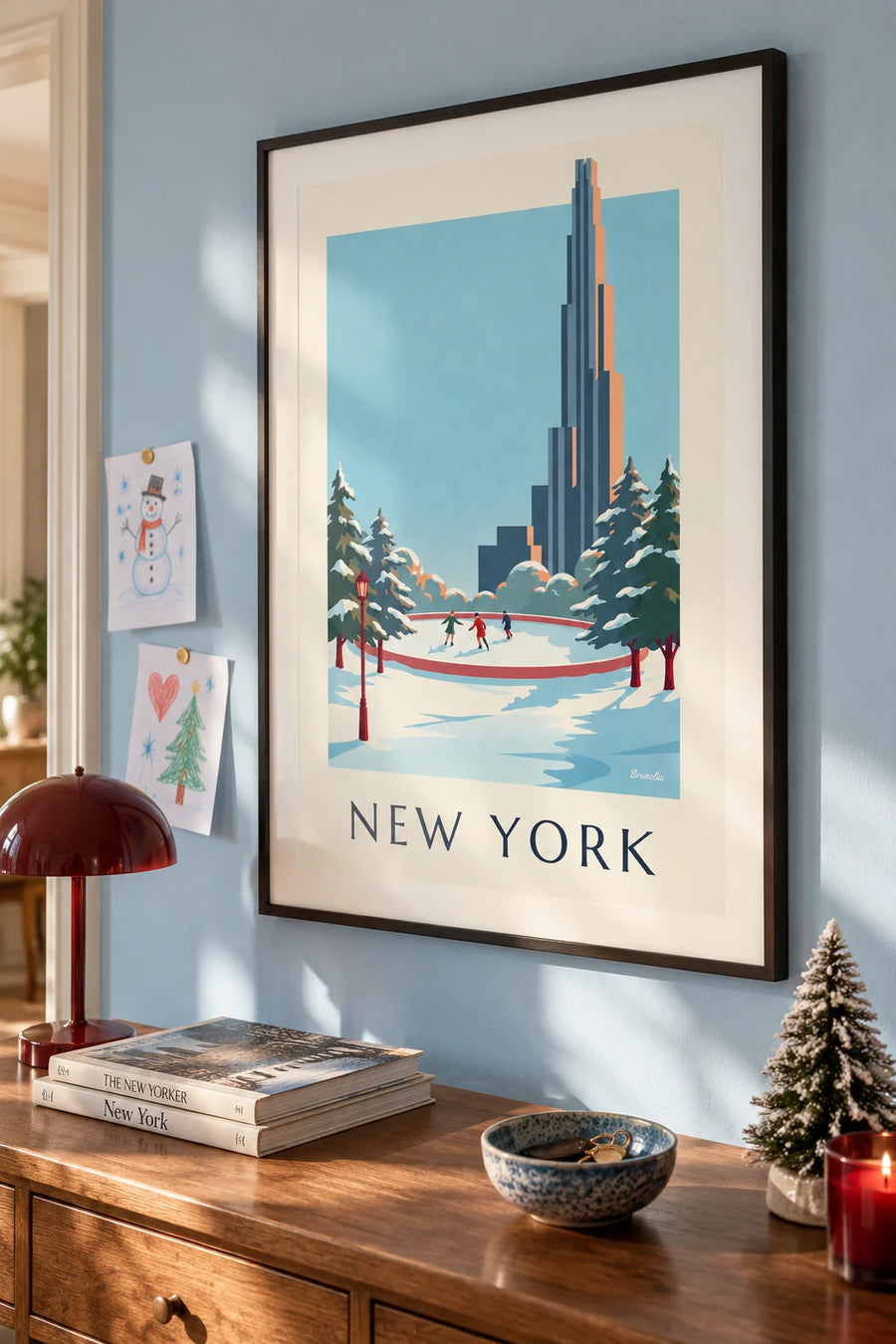 Poster of Central Park and its ice rink in winter in New York: framed on the wall