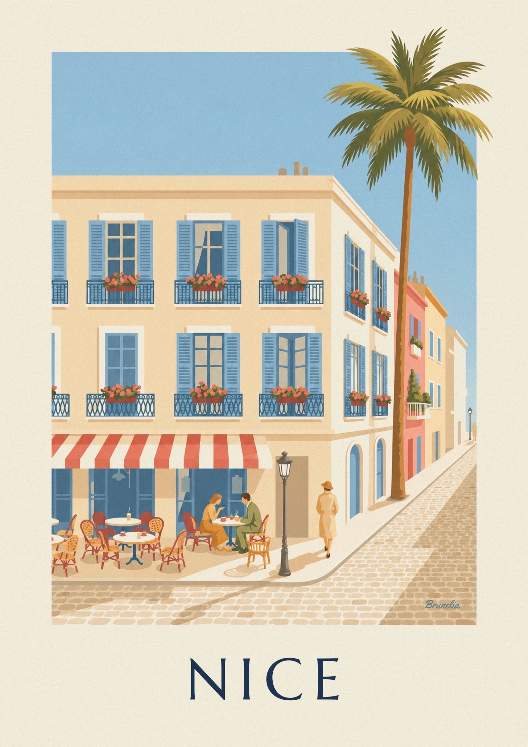 Blue shutters and flower-filled wrought iron balconies on the ochre façade in Nice