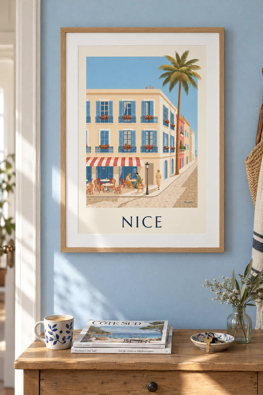 Poster of a terrace and wrought-iron balconies in Nice: framed on the wall