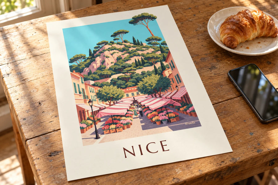 Plakat z targiem kwiatowym na Cours Saleya w Nicei: na stole