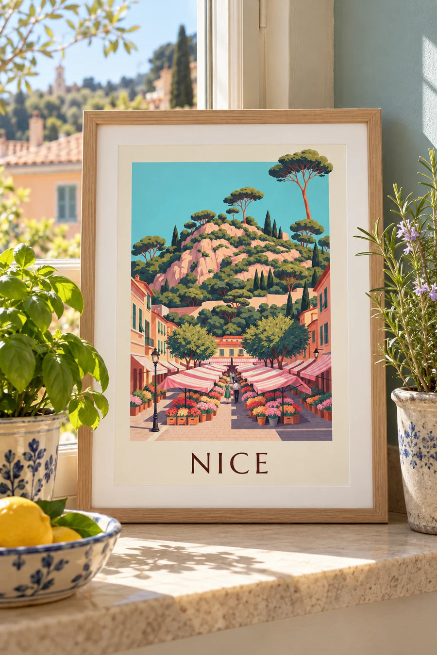 Plakat z targiem kwiatowym przy cours Saleya w Nicei: mały format A4 w ramie