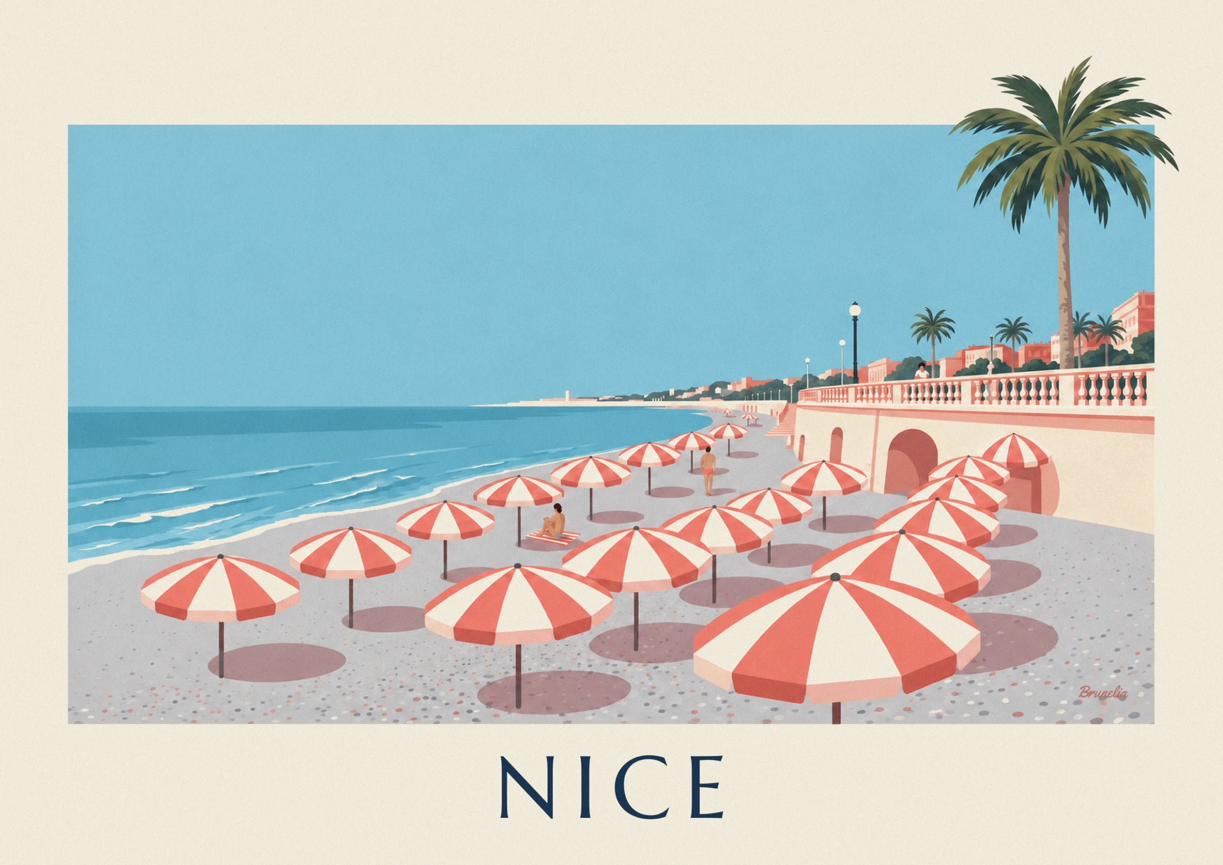 Parasols rayés rouge et blanc sur la plage de galets, au pied de la promenade à balustrade