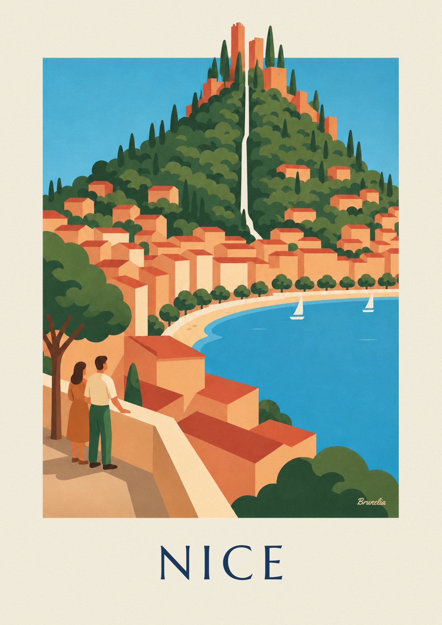White waterfall tumbling down the wooded hillside, with cypress trees and orange tiled roofs below