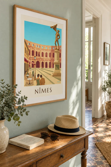 Poster of the Nîmes arena and the statue of Nimeño II on a feria day: framed on the wall