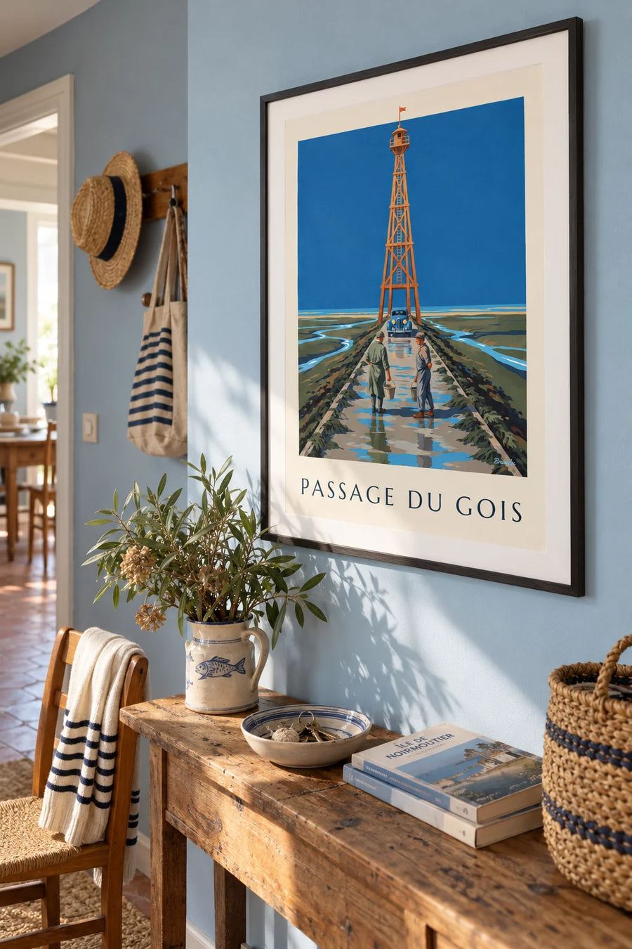 Poster of a refuge beacon and shore fishers on the Passage du Gois: framed on the wall