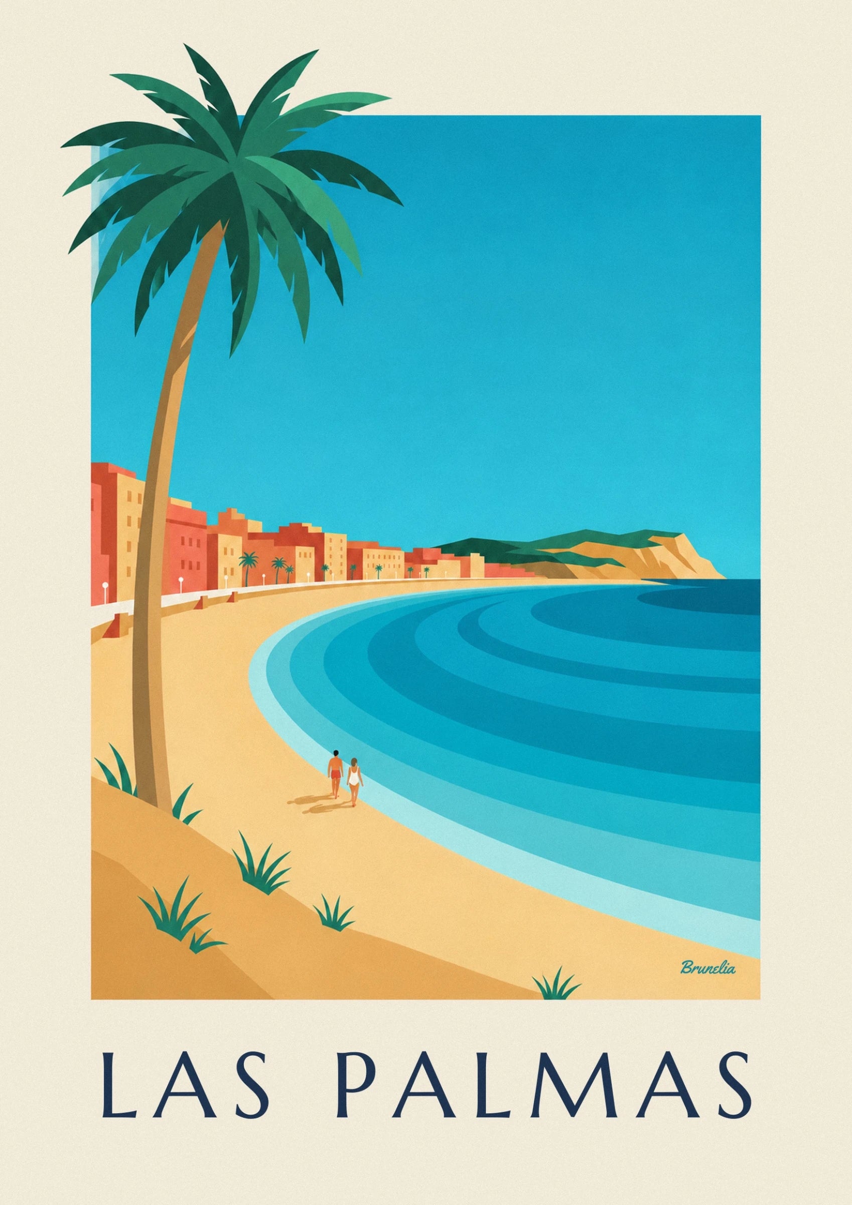 A palm tree with an ochre trunk and long green fronds against a turquoise blue background