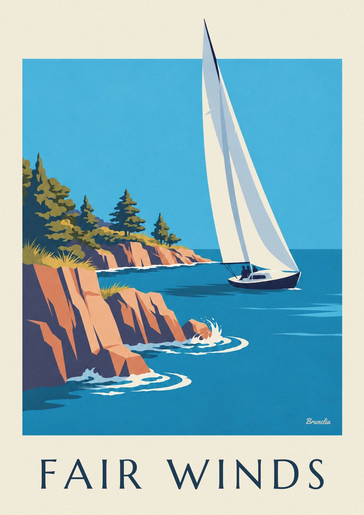 Rocky coast and sailboat in the breeze poster