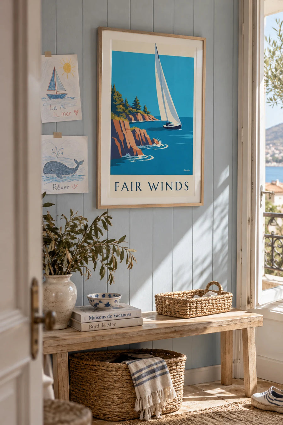 Poster of a rocky coast and a sailboat in the breeze: framed on the wall