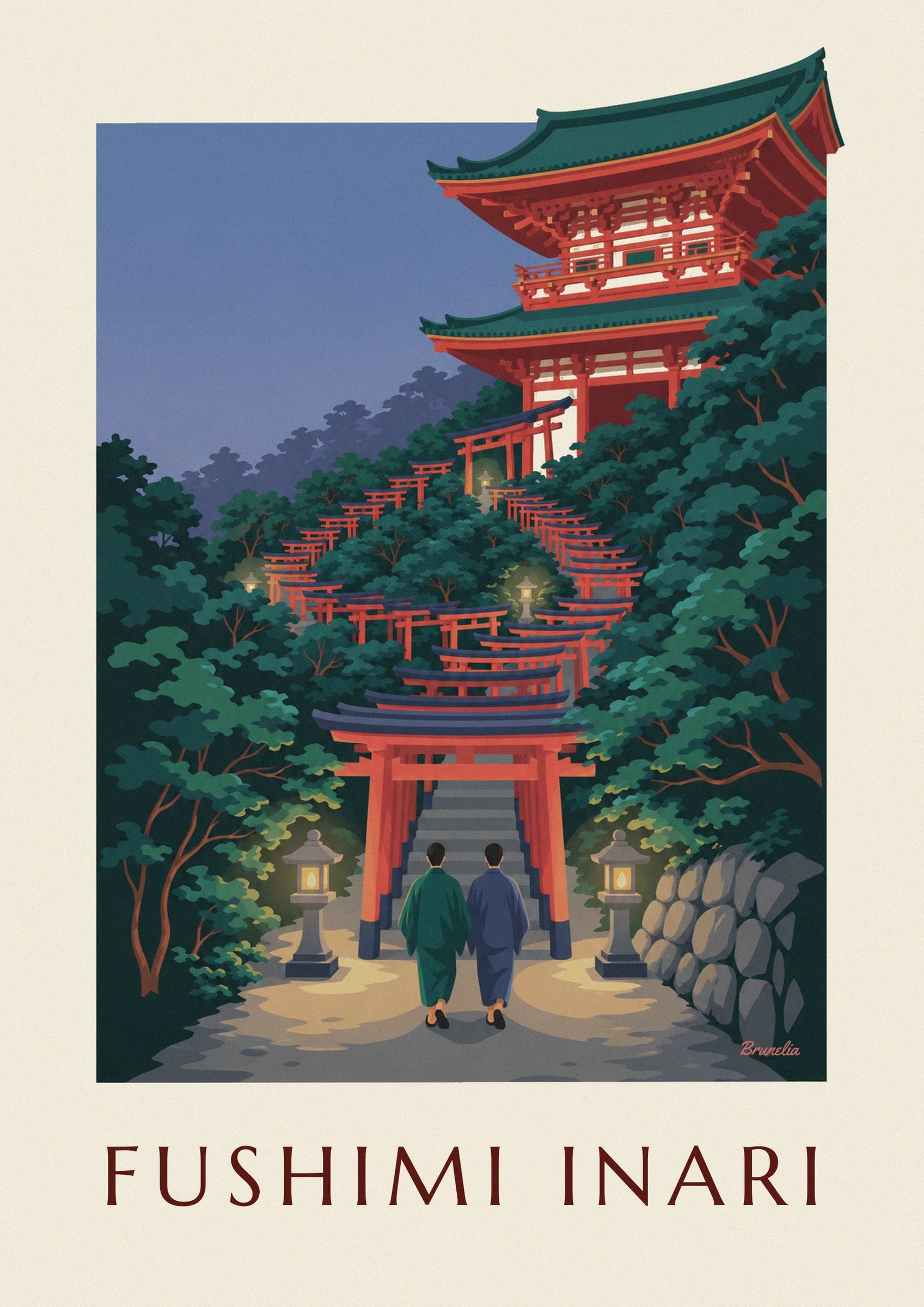 The red and white shrine with green roofs behind the trees of Kyoto