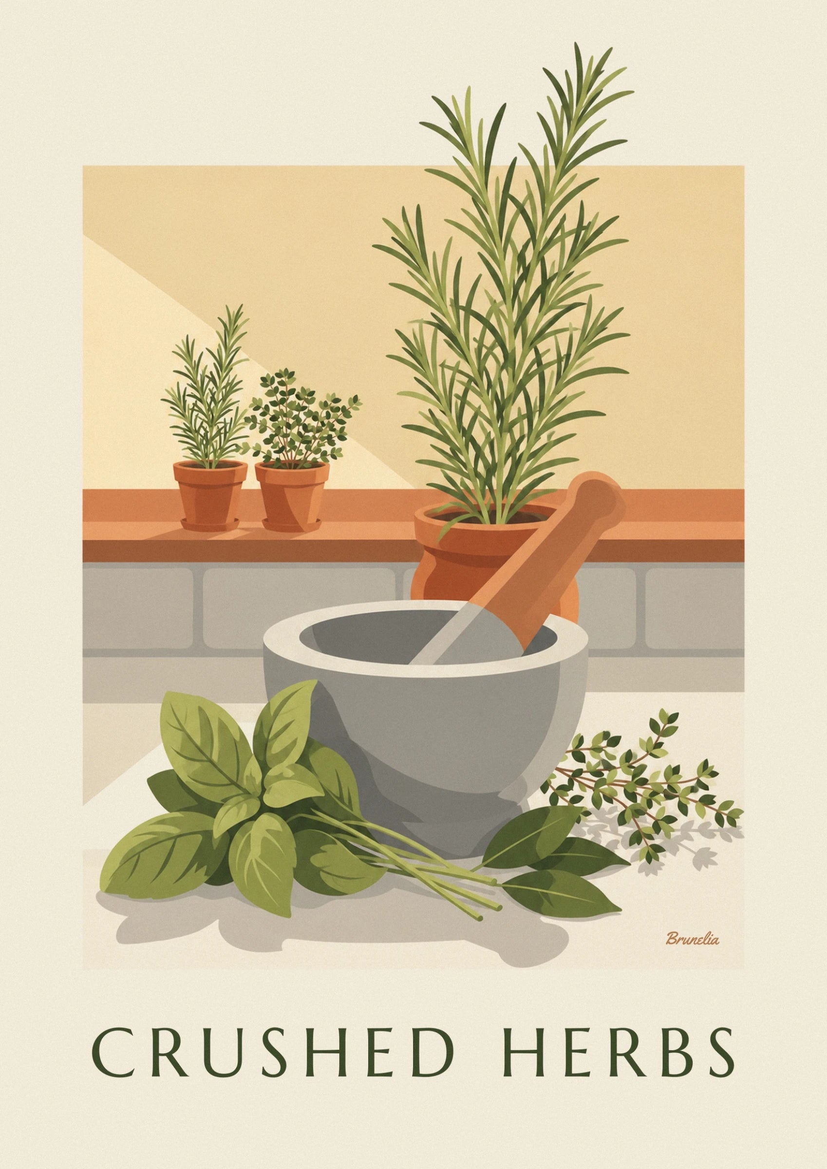 The grey mortar and wooden pestle surrounded by green leaves and stems