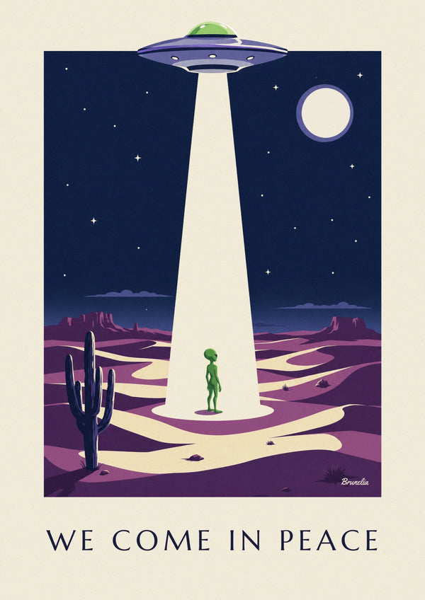 Affiche OVNI, alien et soucoupe volante dans le désert