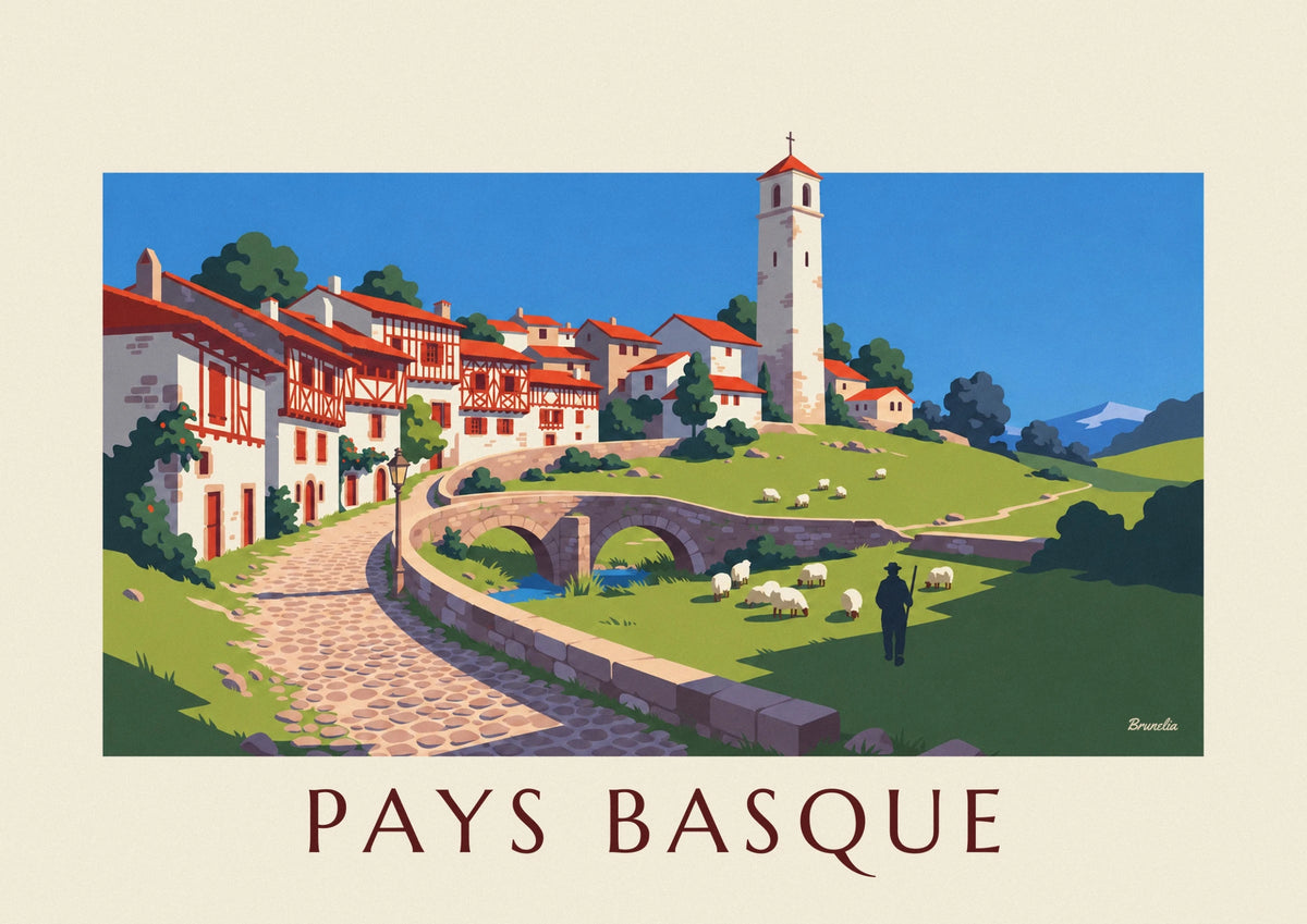 Basque village with half-timbered houses and sheep poster
