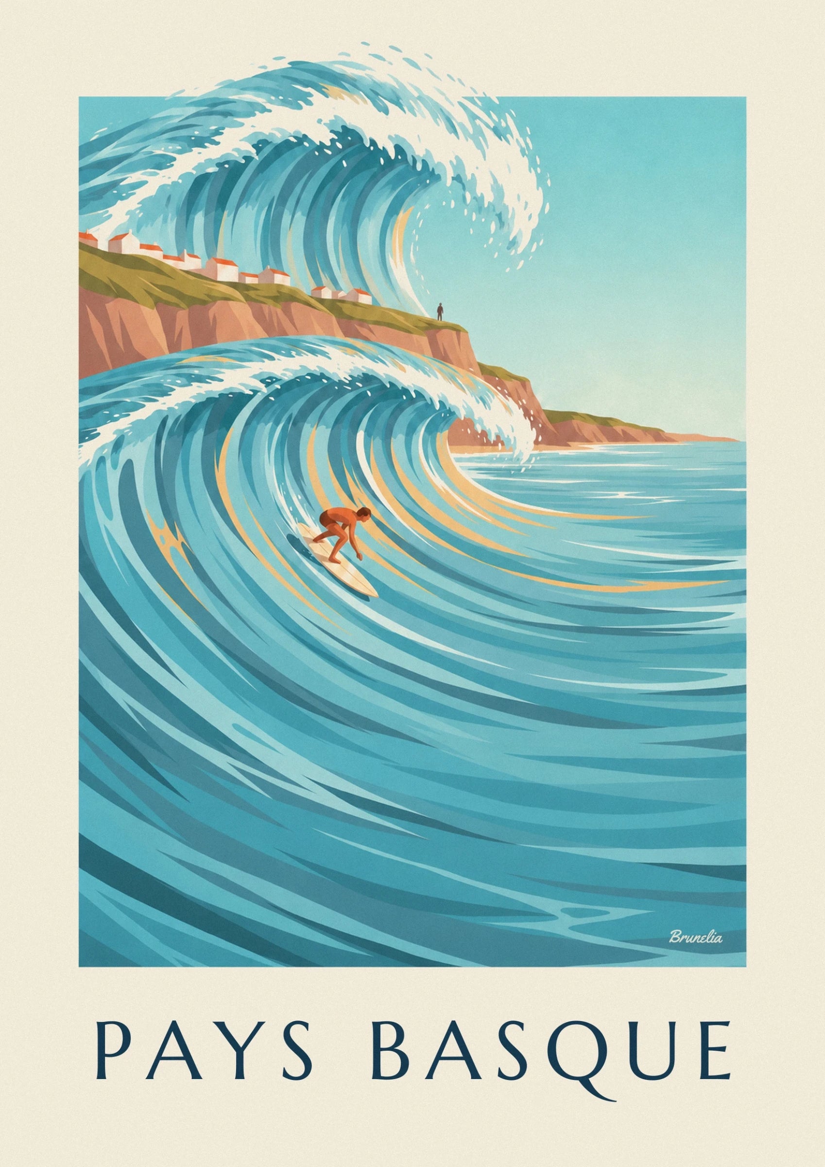 A surfer crouching on his cream board, in the hollow of a turquoise wave
