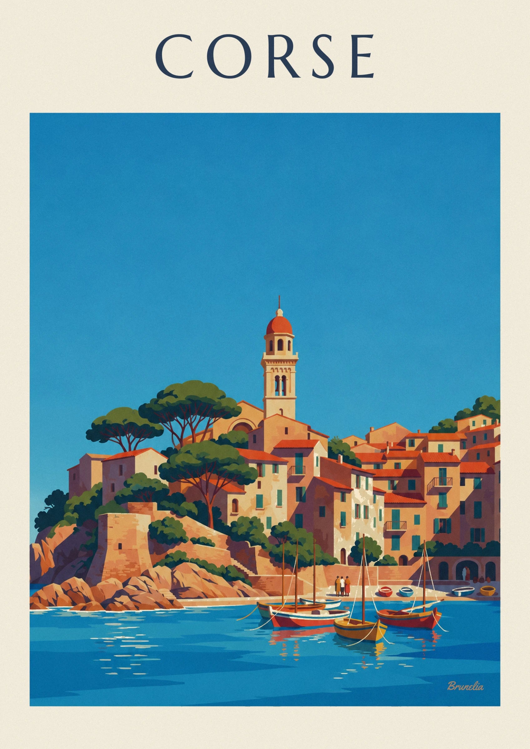 The red-domed bell tower above tiled roofs and umbrella pines