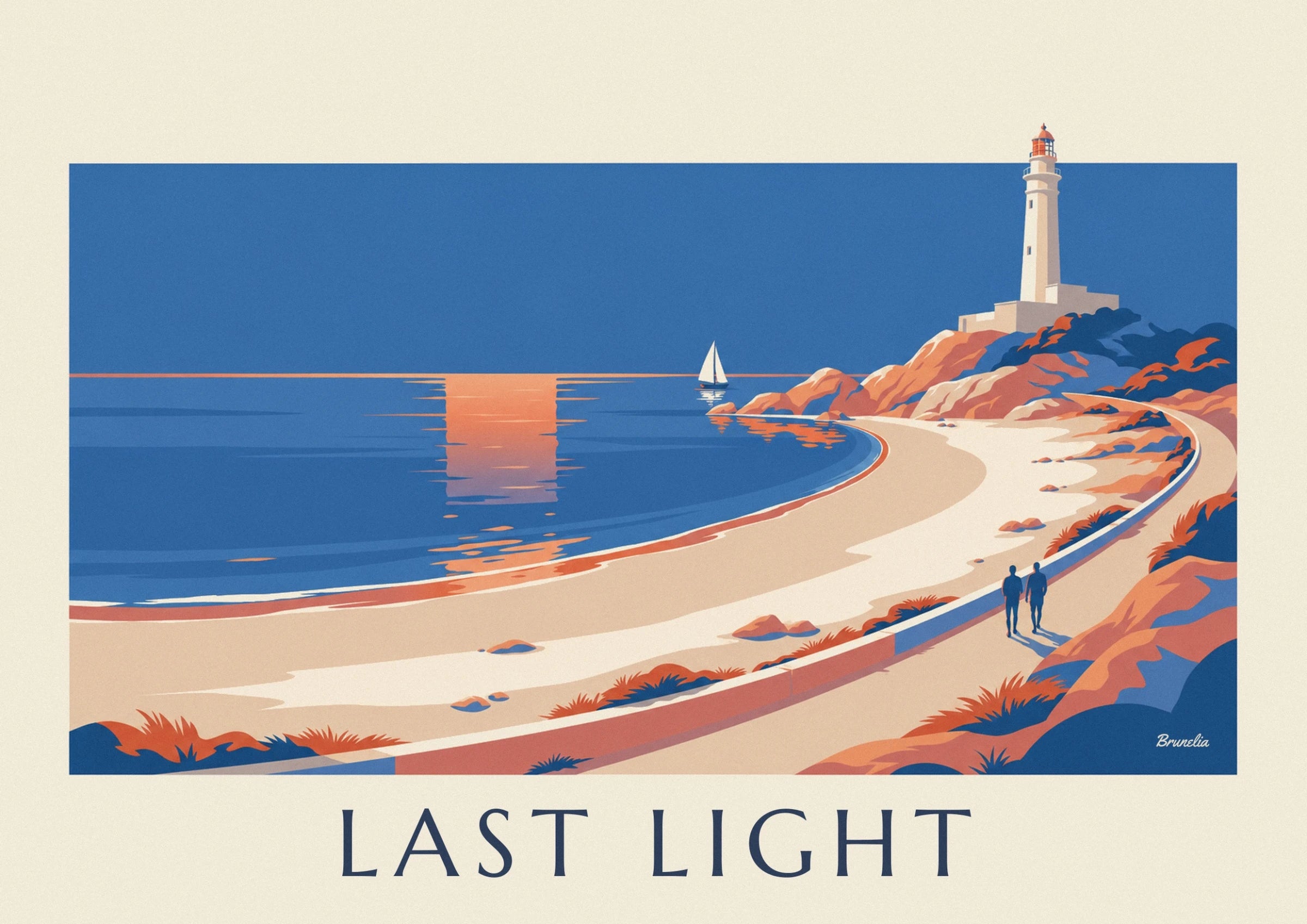 The white lighthouse and its orange lantern above blue and coral rocks