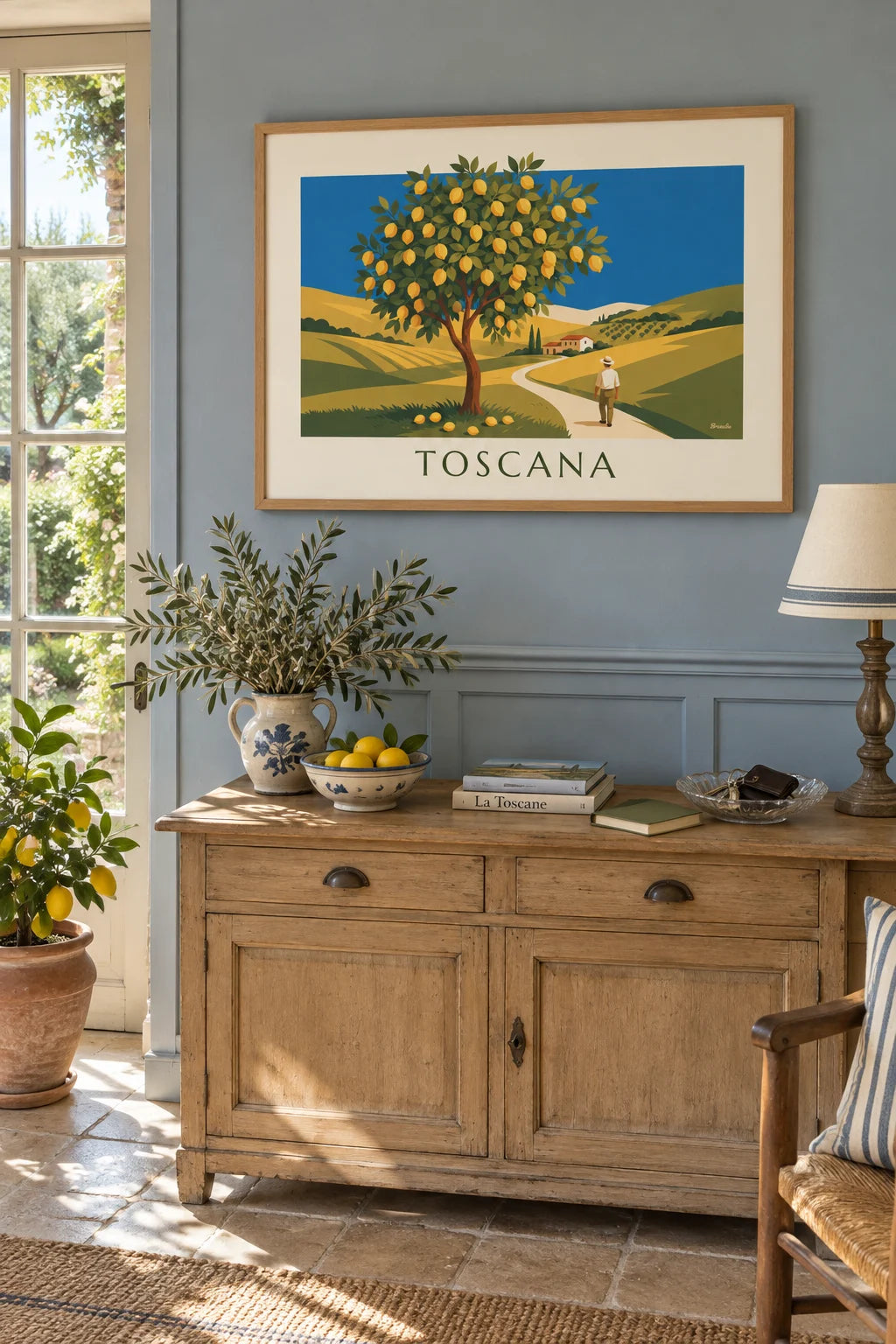 Mise en situation de Affiche citronnier dans un jardin de Toscane sous le soleil