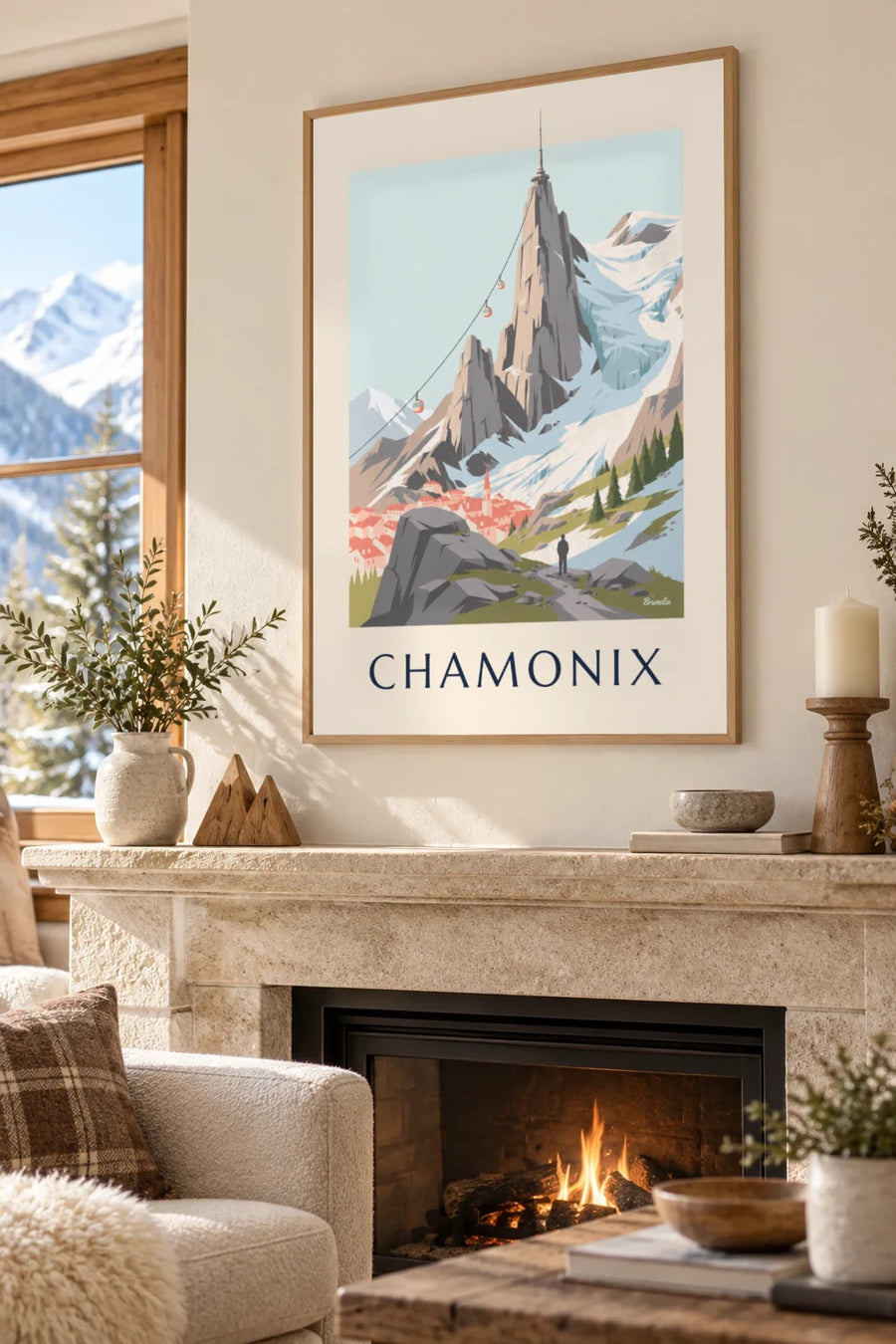 Plakat z Aiguille du Midi i kolejką linową nad Chamonix, w ramie na ścianie