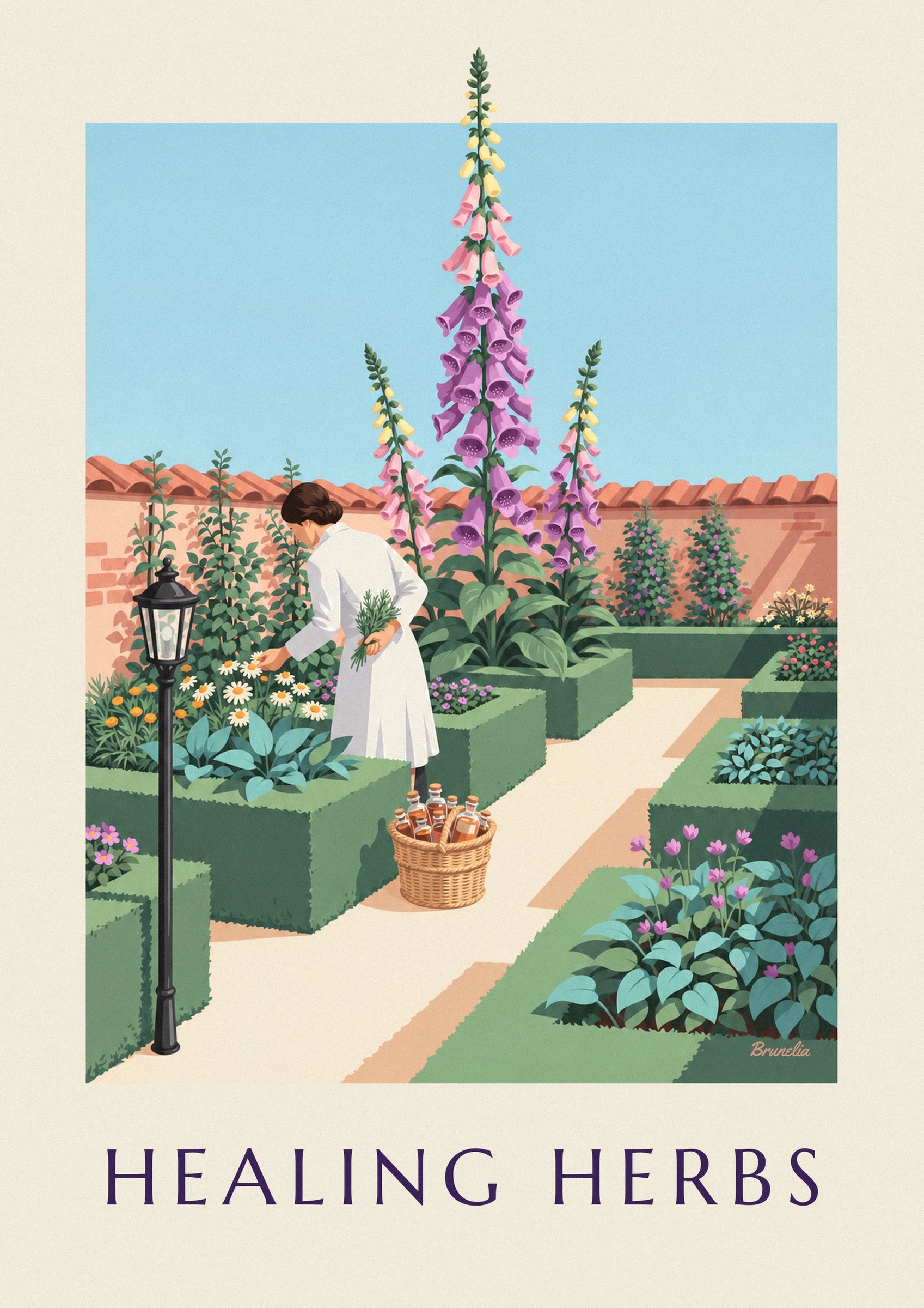 La pharmacienne en blouse blanche cueille une pâquerette, un bouquet d'herbes dans le dos