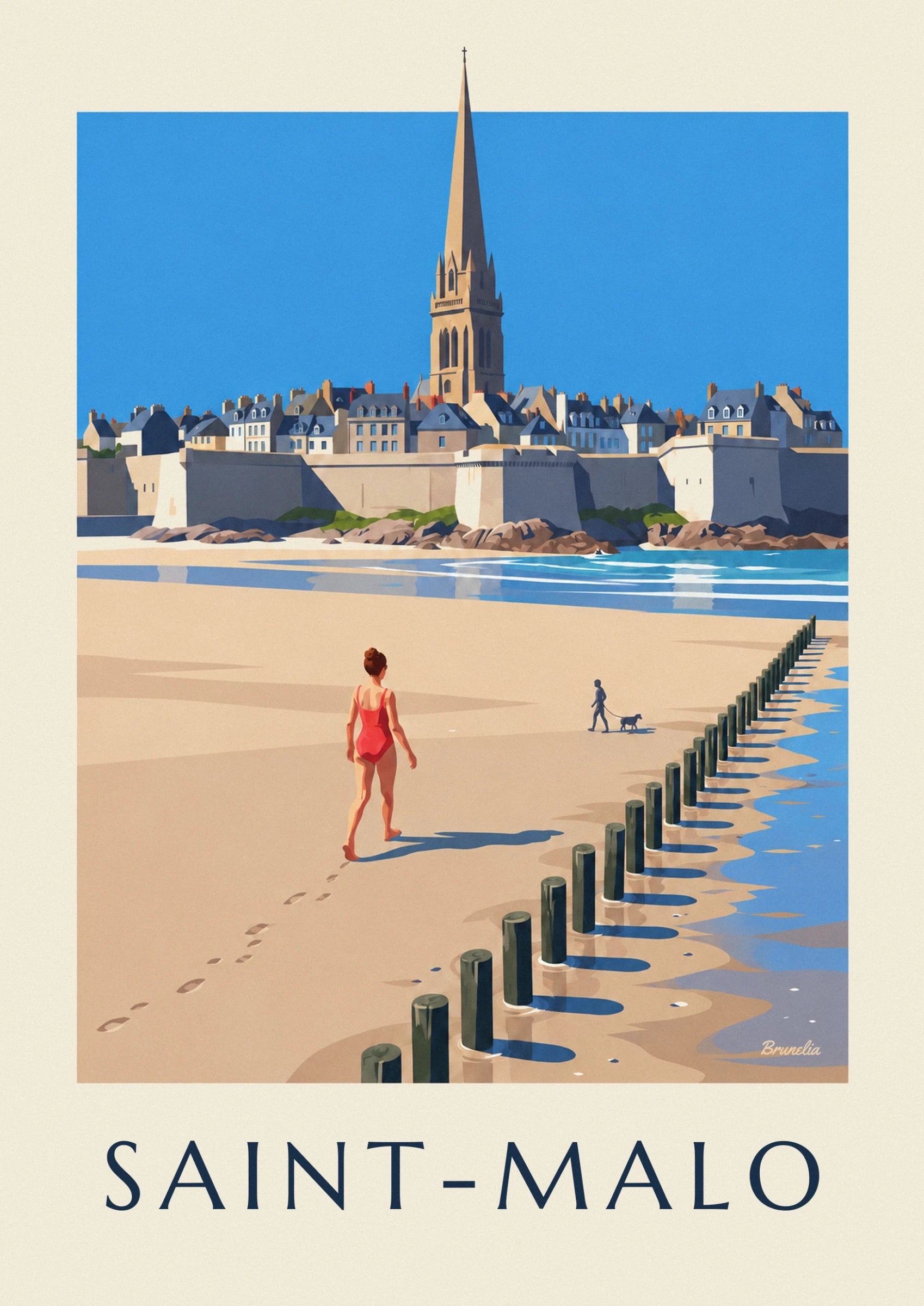 Une femme de dos en maillot rouge, pieds nus sur le sable doré du Sillon