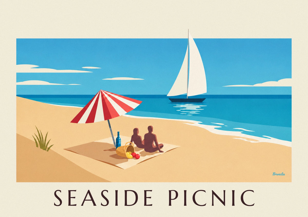 Striped parasol seaside picnic poster