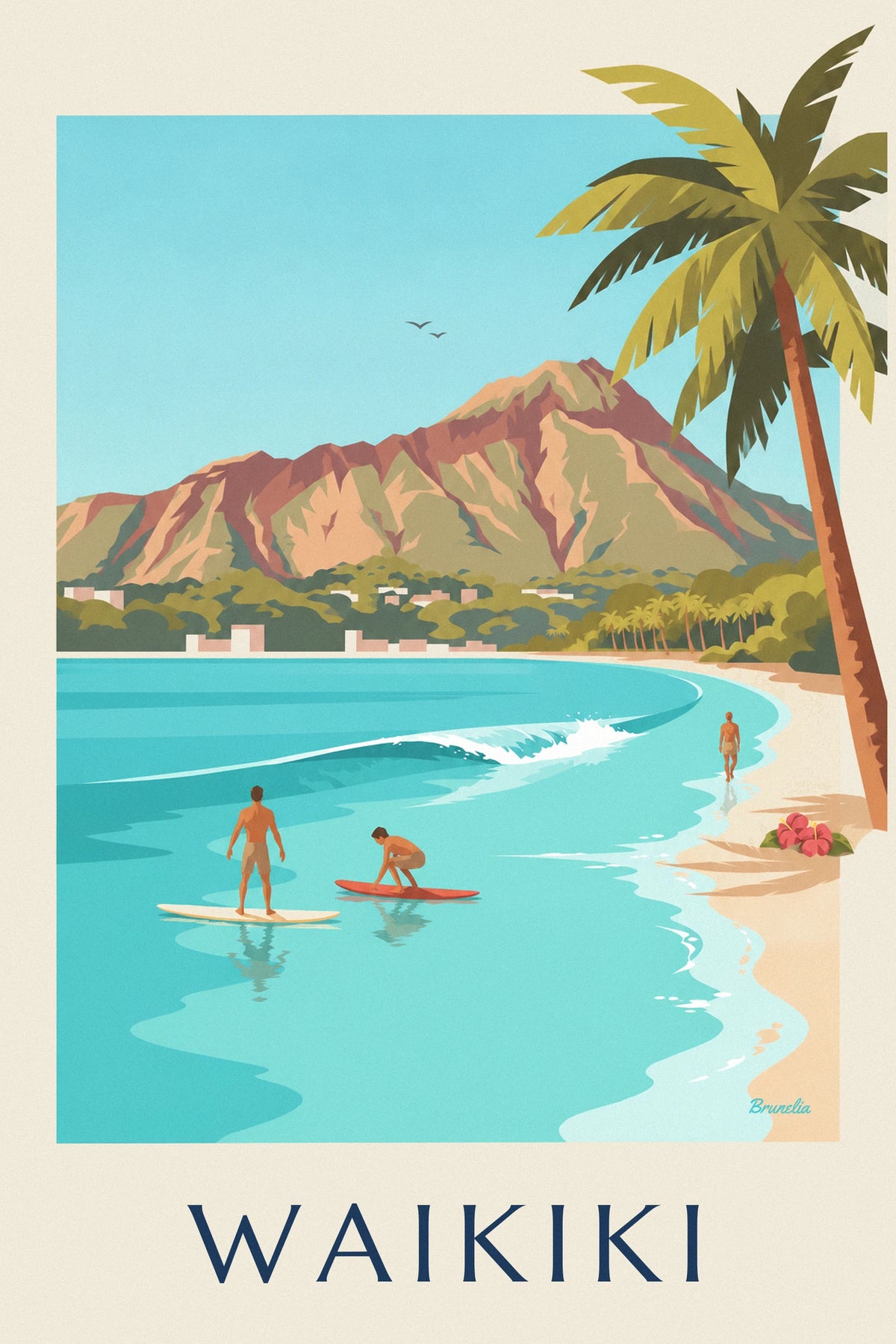 Surfers in Waikiki Bay below Diamond Head poster