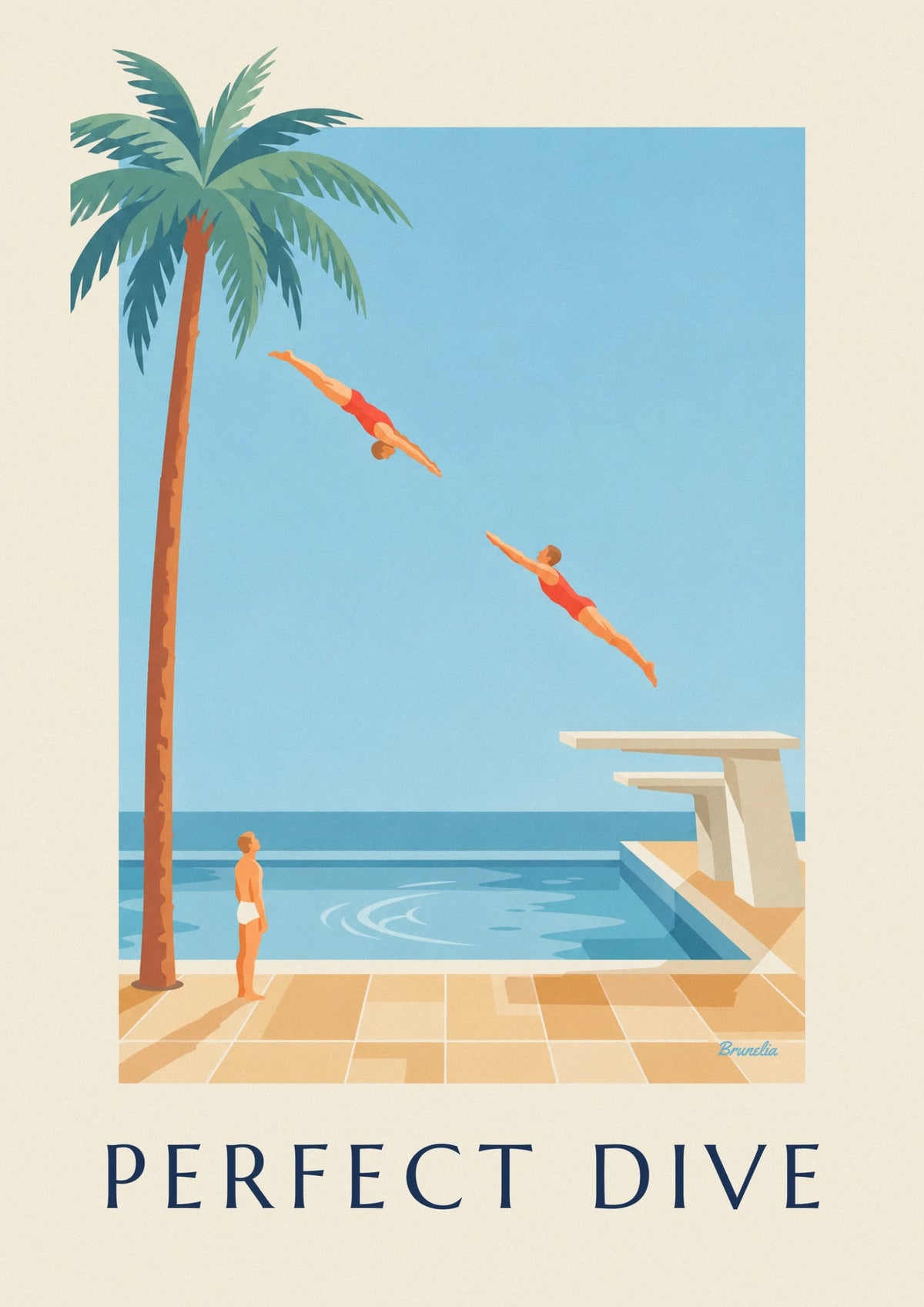 Diver mid-dive above a swimming pool poster