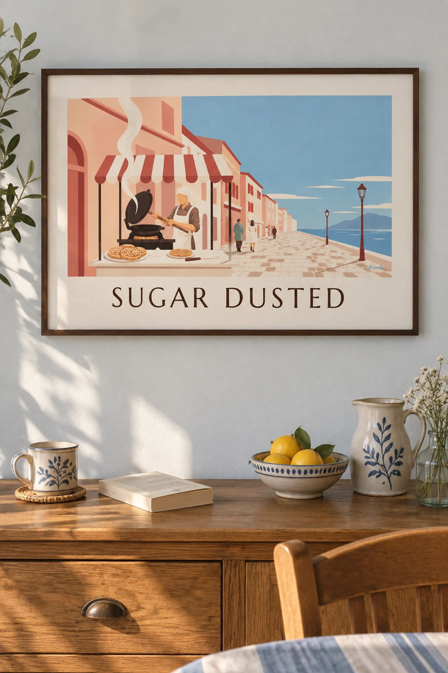 Poster of powdered sugar waffles at a market stand: framed on a wall