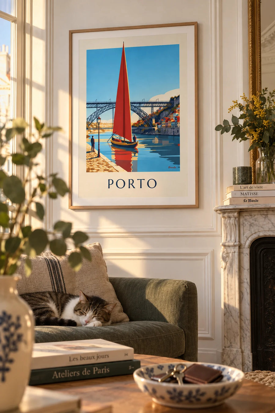 Poster of the Dom Luís Bridge and a rabelo boat on the Douro in Porto: framed on the wall