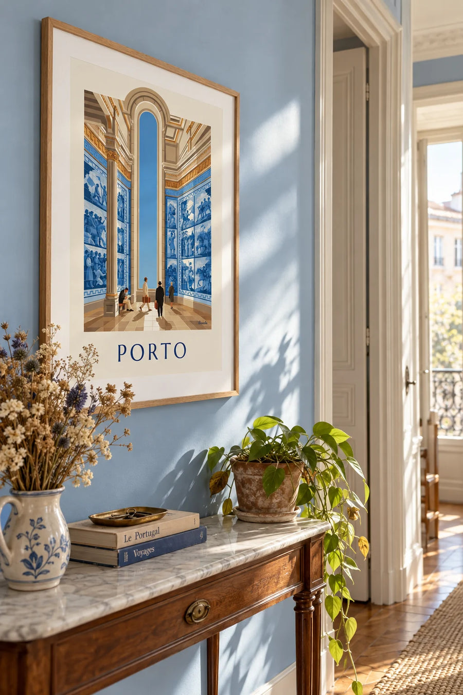 Plakat azulejos na dworcu São Bento w Porto: w ramie na ścianie