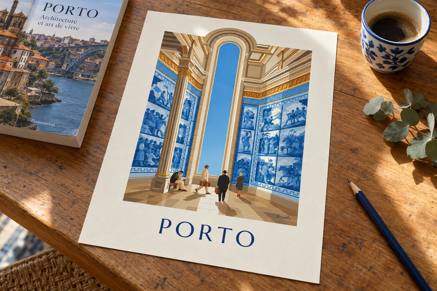 Plakat azulejos na dworcu São Bento w Porto: oparty na stole