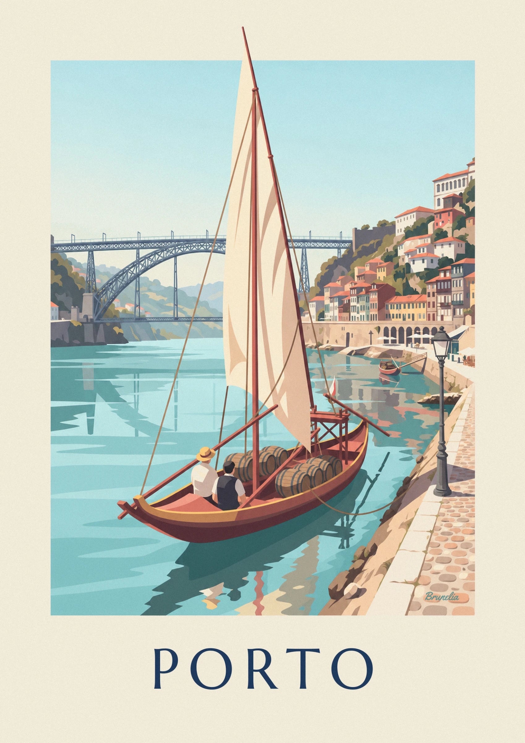 The rabelo’s large cream sail and rigging, with the bridge in the background