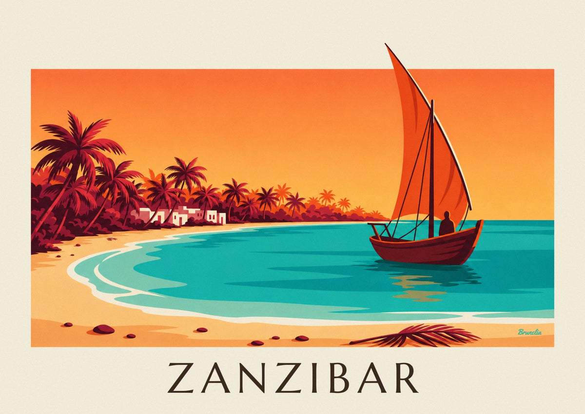 Affiche boutre au large de Zanzibar au coucher du soleil