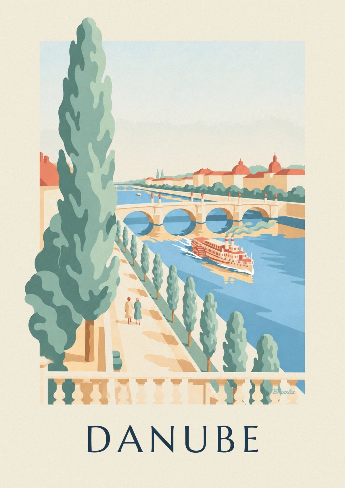 Danube riverside promenade and paddle steamer poster