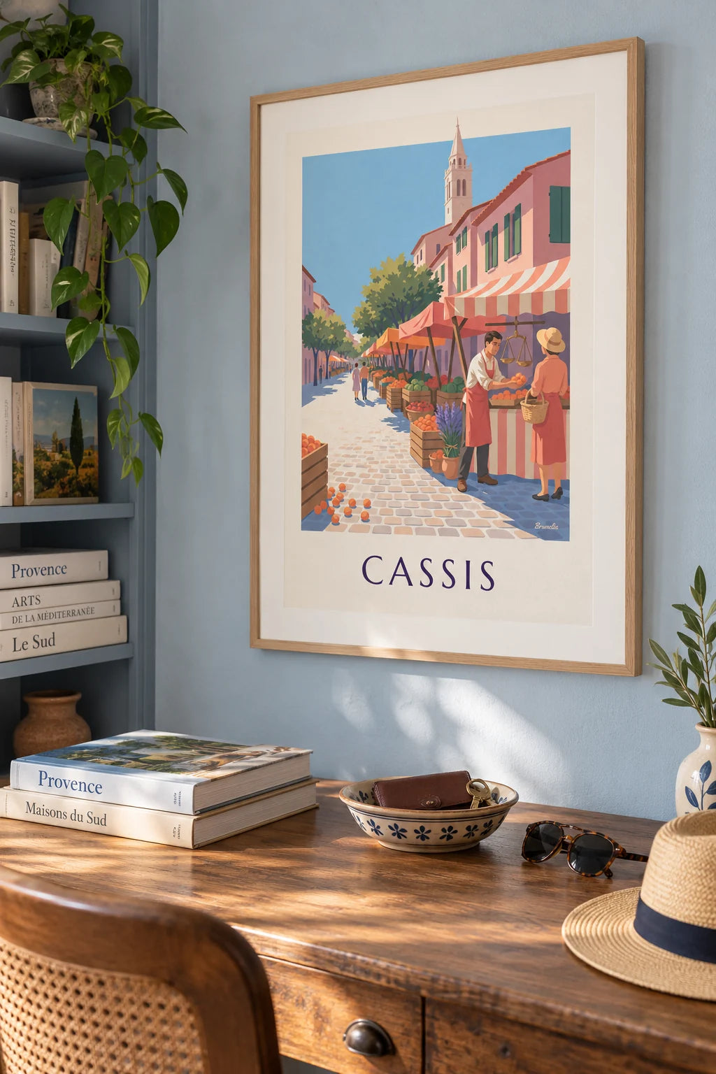 Provence market stall in Cassis, place Baragnon poster on the wall