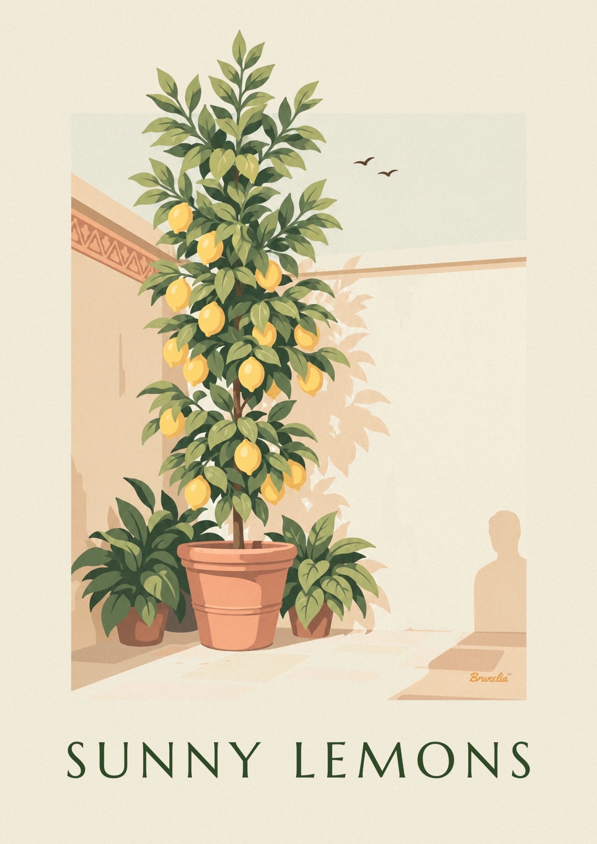 Affiche citronnier en pot de terre cuite et plantes vertes