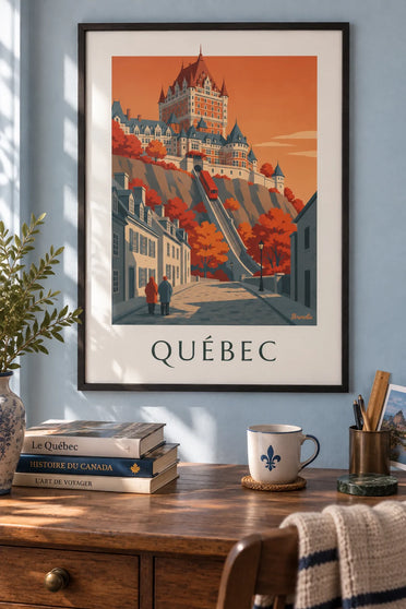 Poster of the Château Frontenac in autumn in Québec: framed on the wall