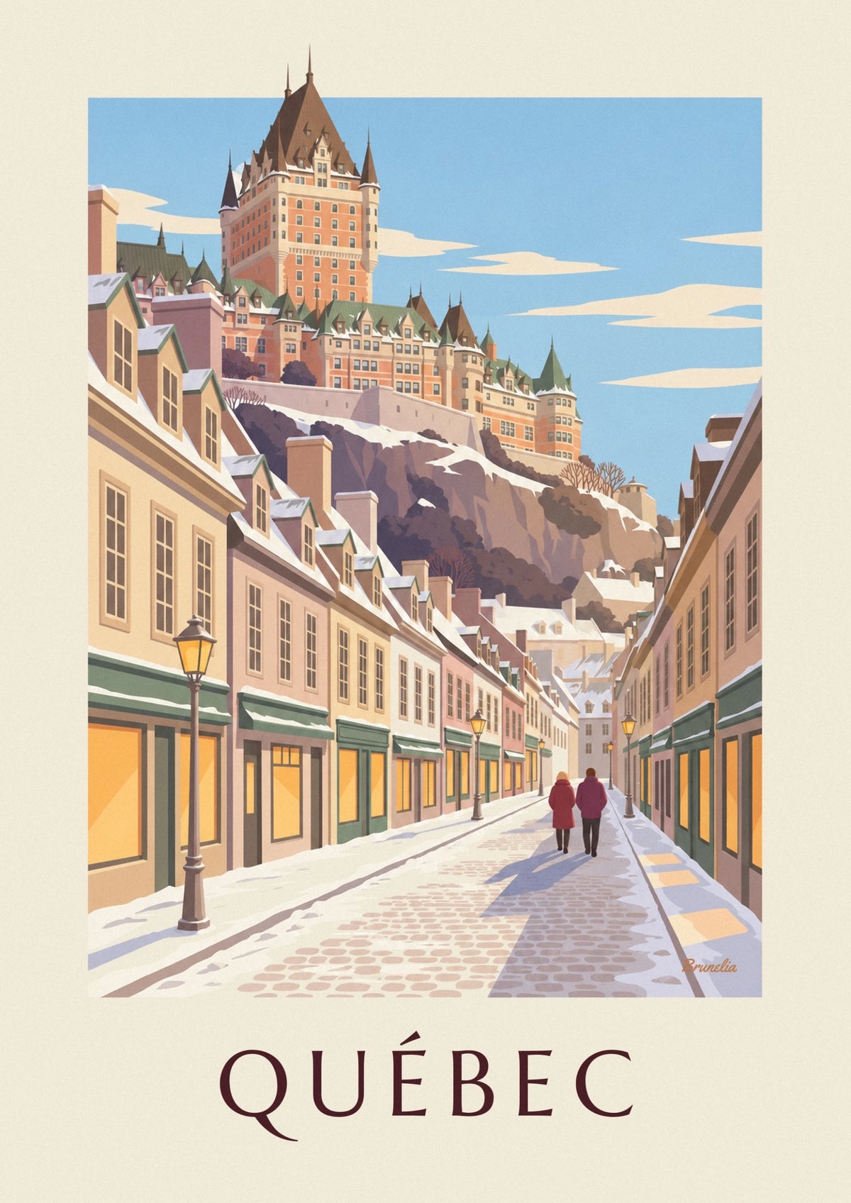 Affiche rue du Petit-Champlain sous la neige à Québec