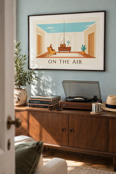 Poster of a wooden radio in a cozy living room: framed on the wall