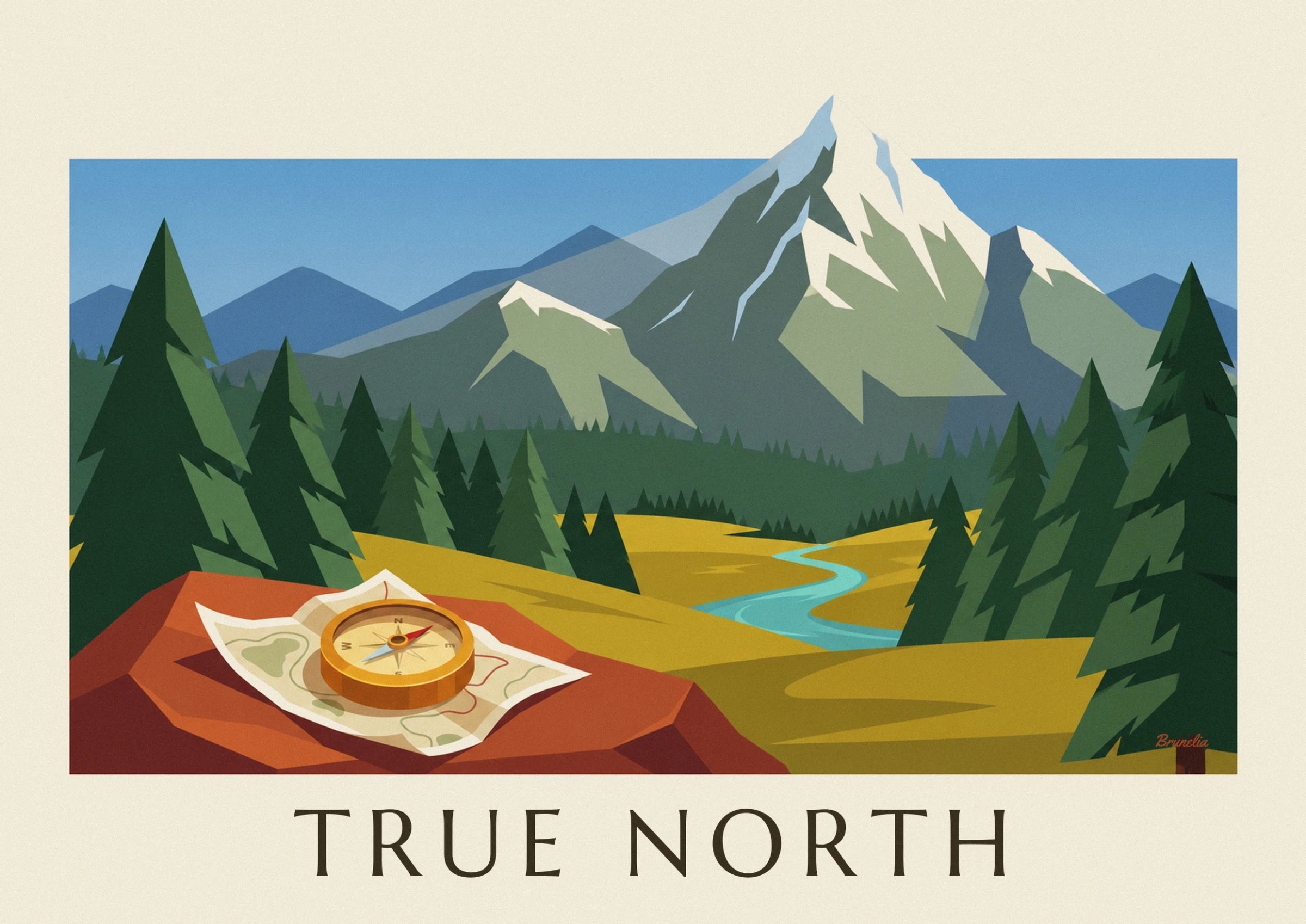A golden compass with a red and blue needle on an unfolded walking map