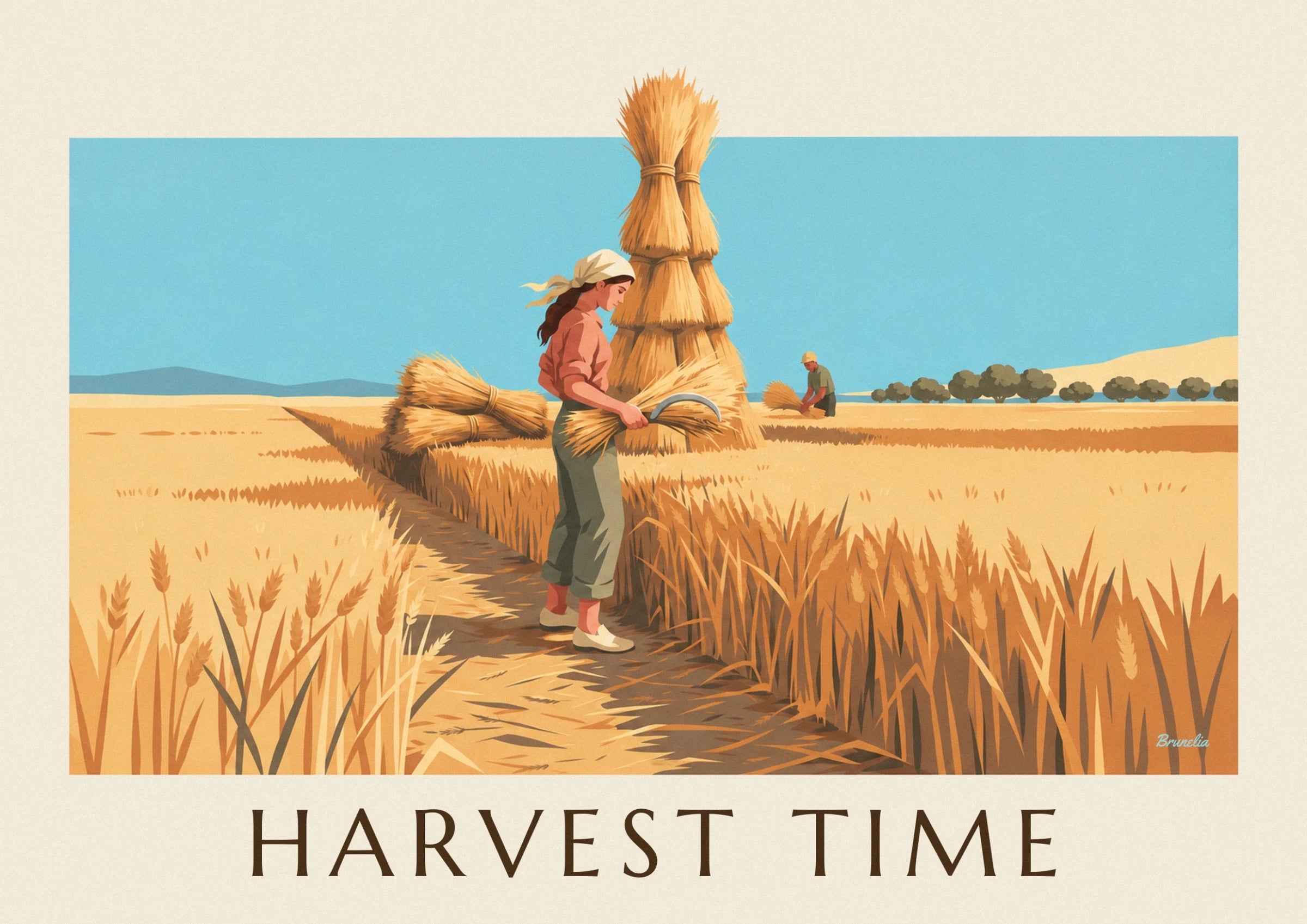 The woman harvesting in a cream headscarf, holding a sickle and a sheaf of wheat